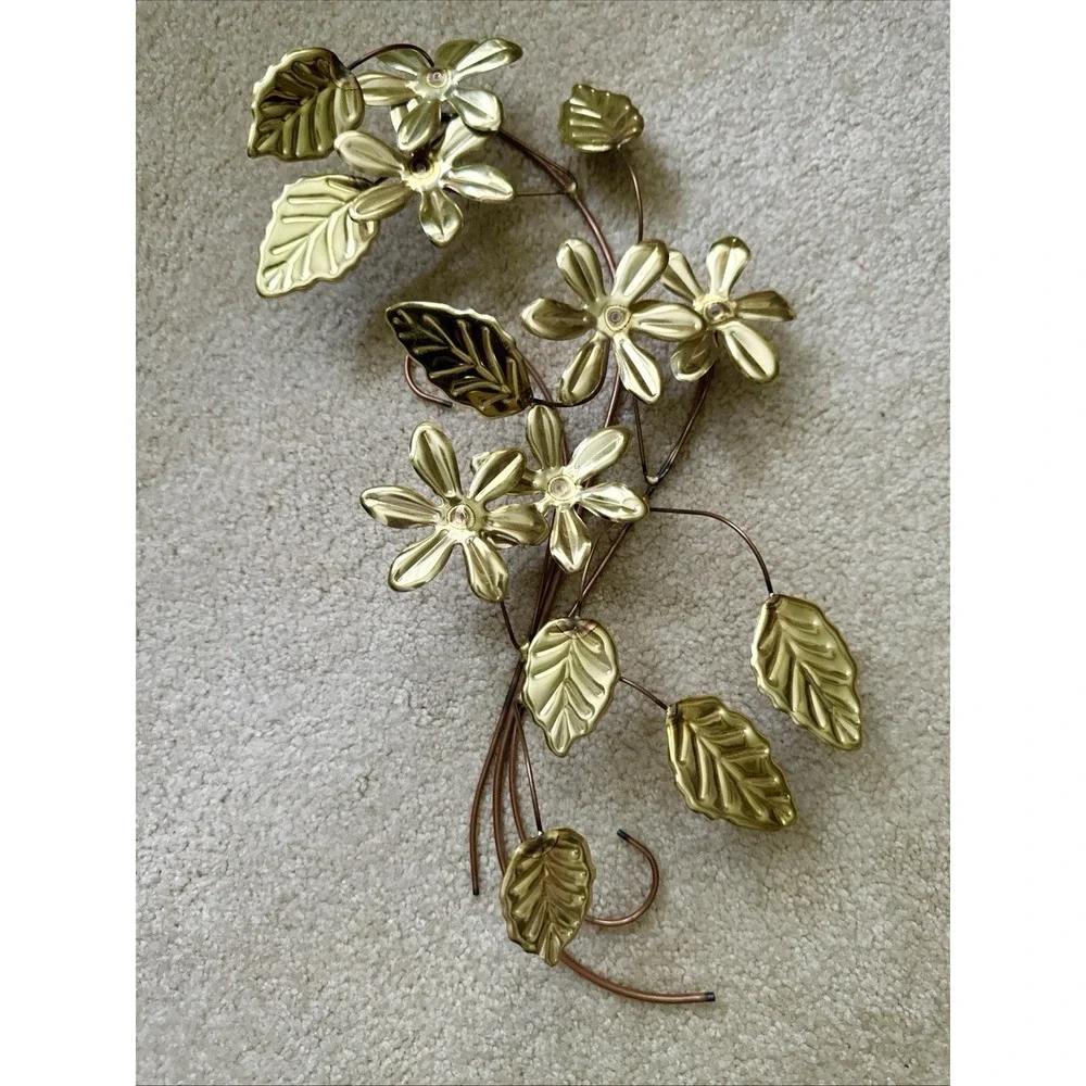 2 Vtg MCM Metal Brass Copper Leaf Branches Wall Hanging Art Decor & Butterflies